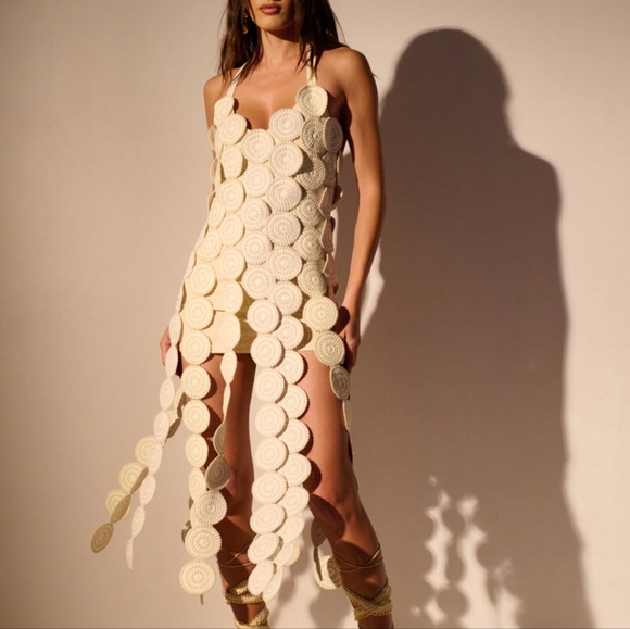 NEW Knit Ibiza Dreamin Textured Midi Dress. Tie-back halter Woven Tulum Boho